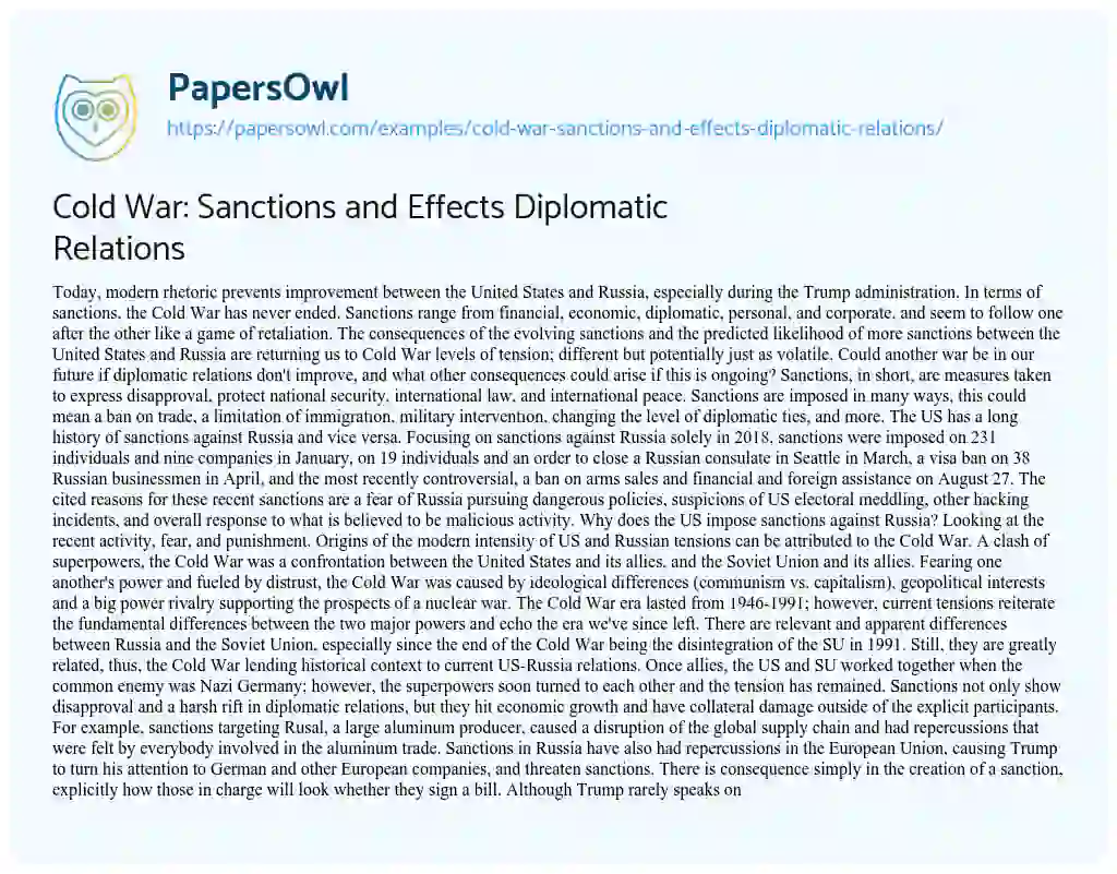 Essay on Cold War: Sanctions and Effects Diplomatic Relations