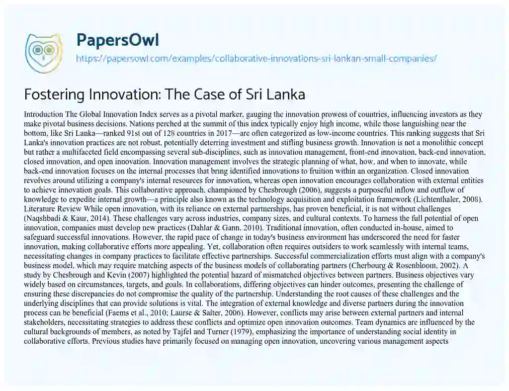 Essay on Collaborative Innovations Sri Lankan Small Companies