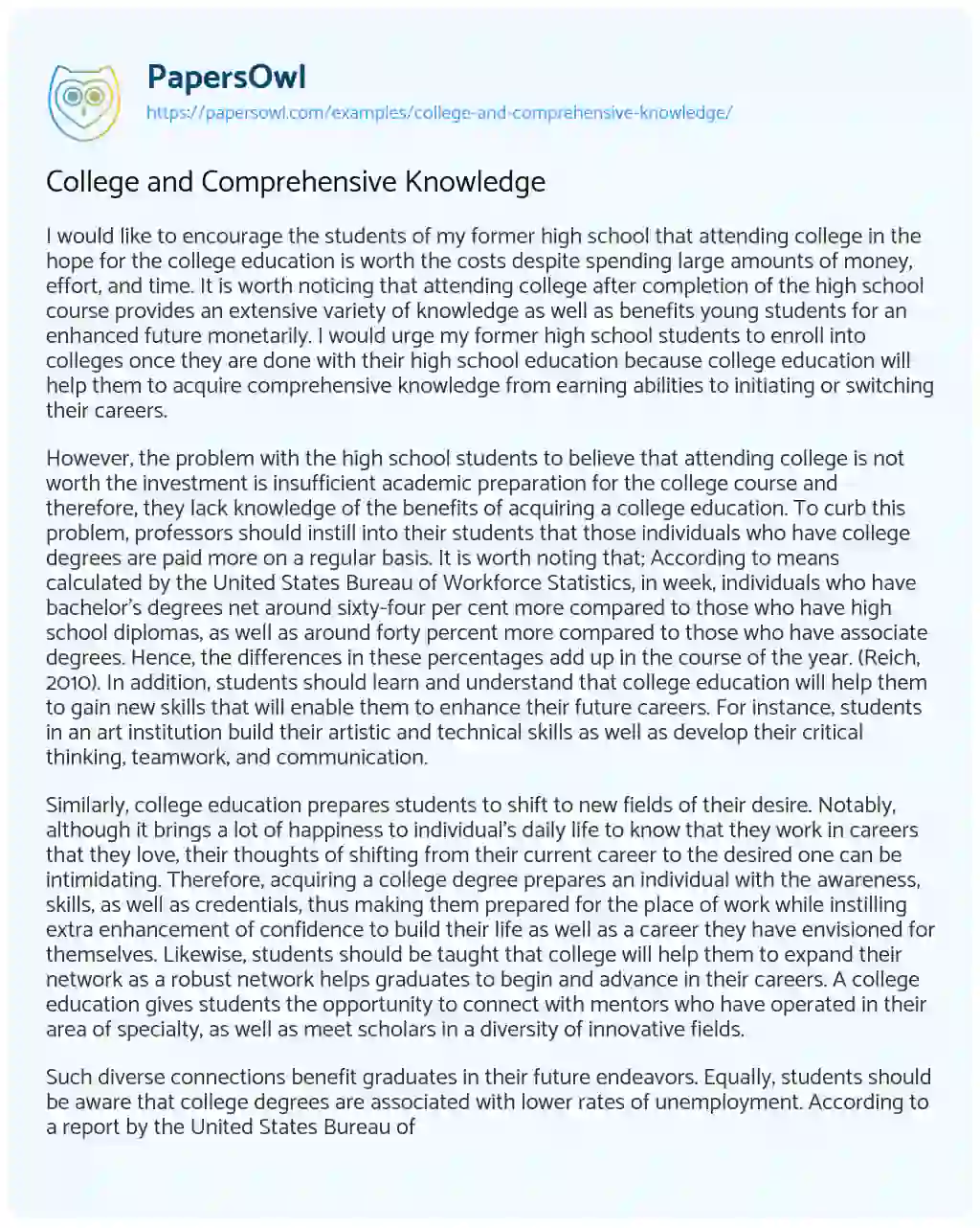 Essay on College and Comprehensive Knowledge