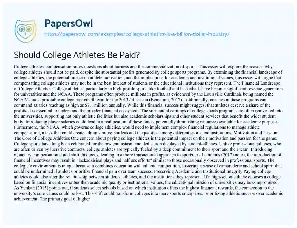 Essay on College Athletics is a Billion Dollar Industry