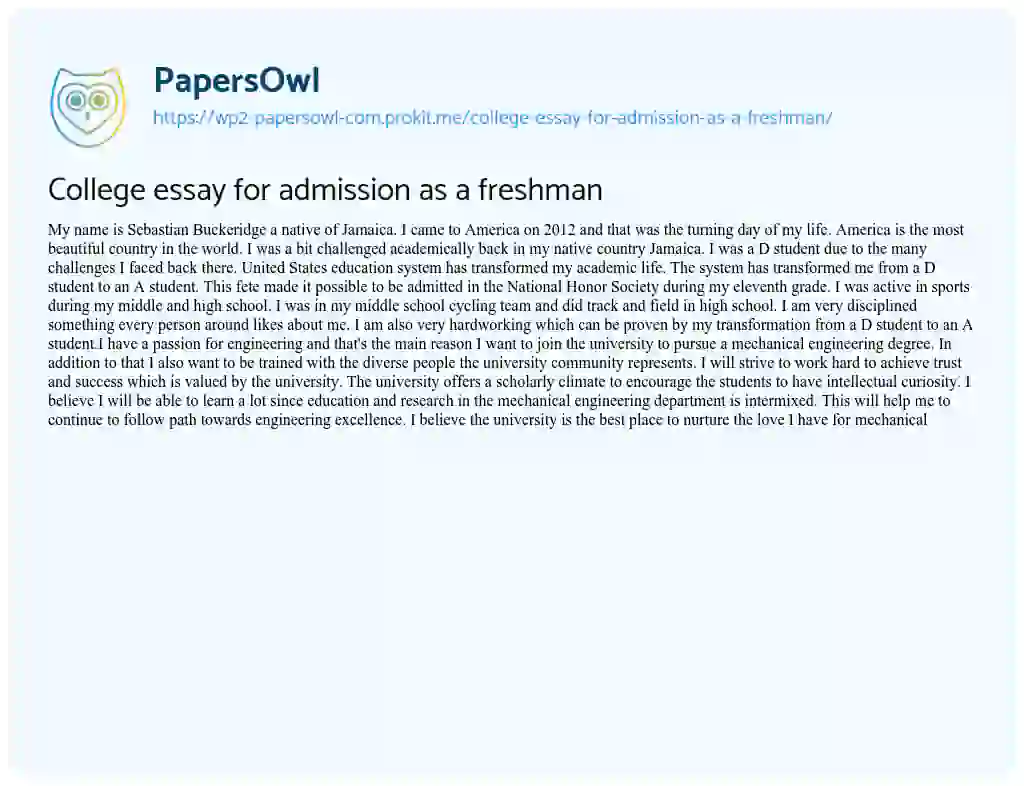 Essay on College Essay for Admission as a Freshman