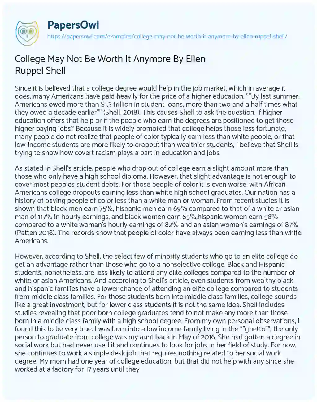 Essay on College May not be Worth it Anymore by Ellen Ruppel Shell