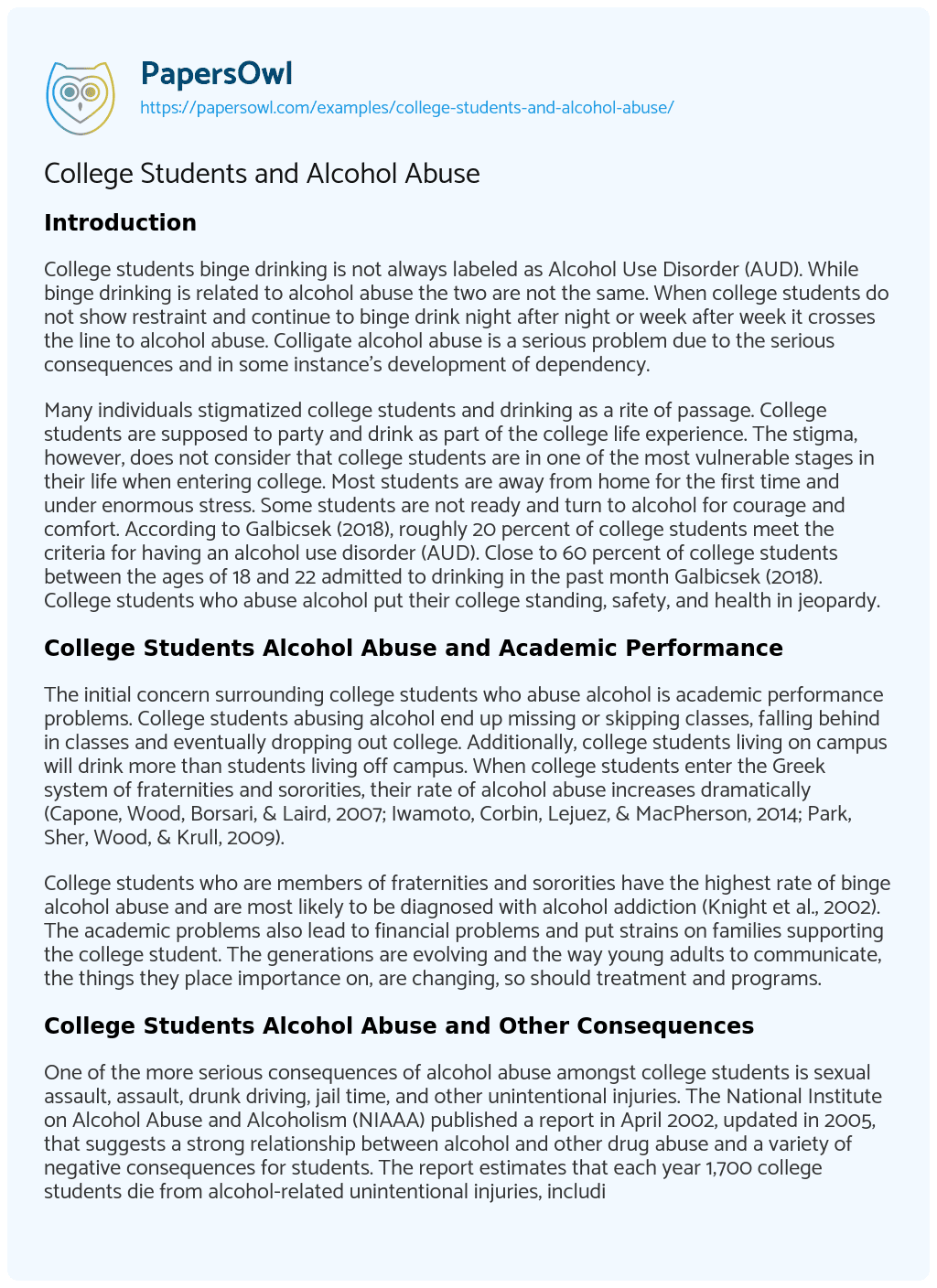Essay on College Students and Alcohol Abuse