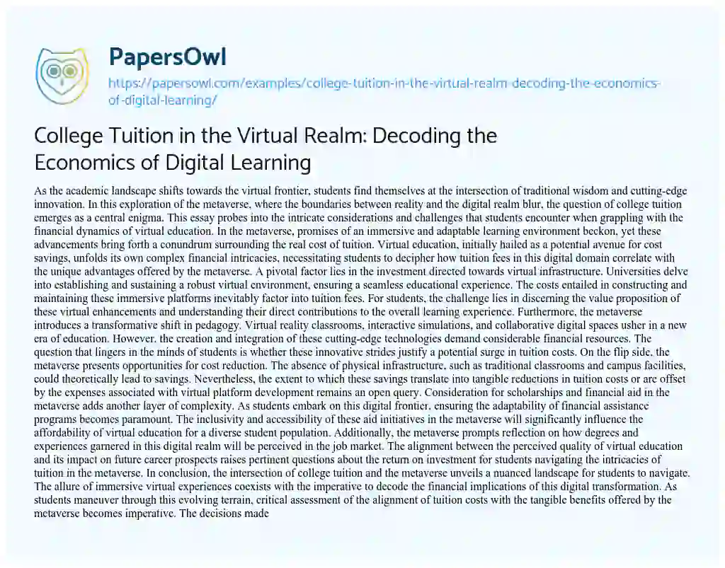 Essay on College Tuition in the Virtual Realm: Decoding the Economics of Digital Learning