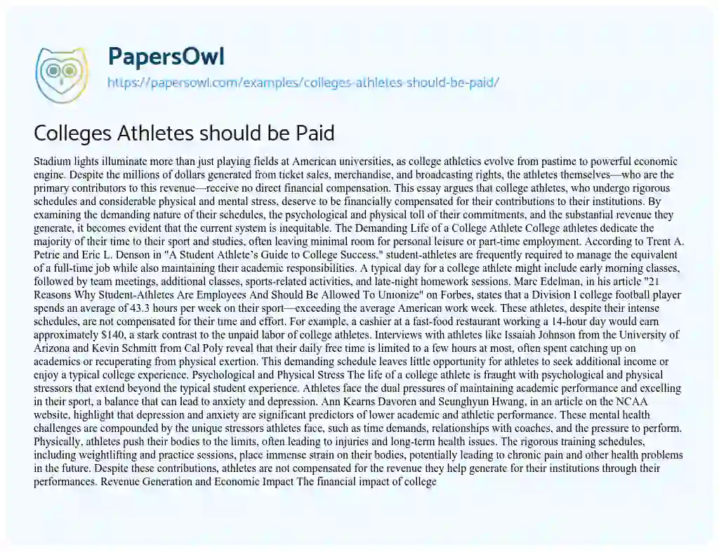 Essay on Colleges Athletes should be Paid?