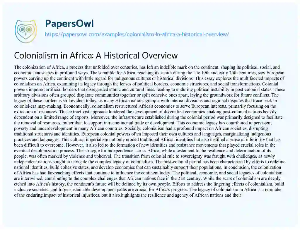 Essay on Colonialism in Africa: a Historical Overview