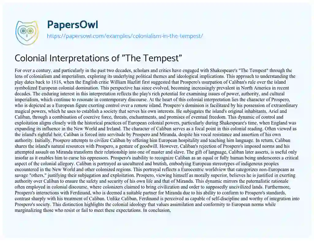 colonialism in the tempest essay