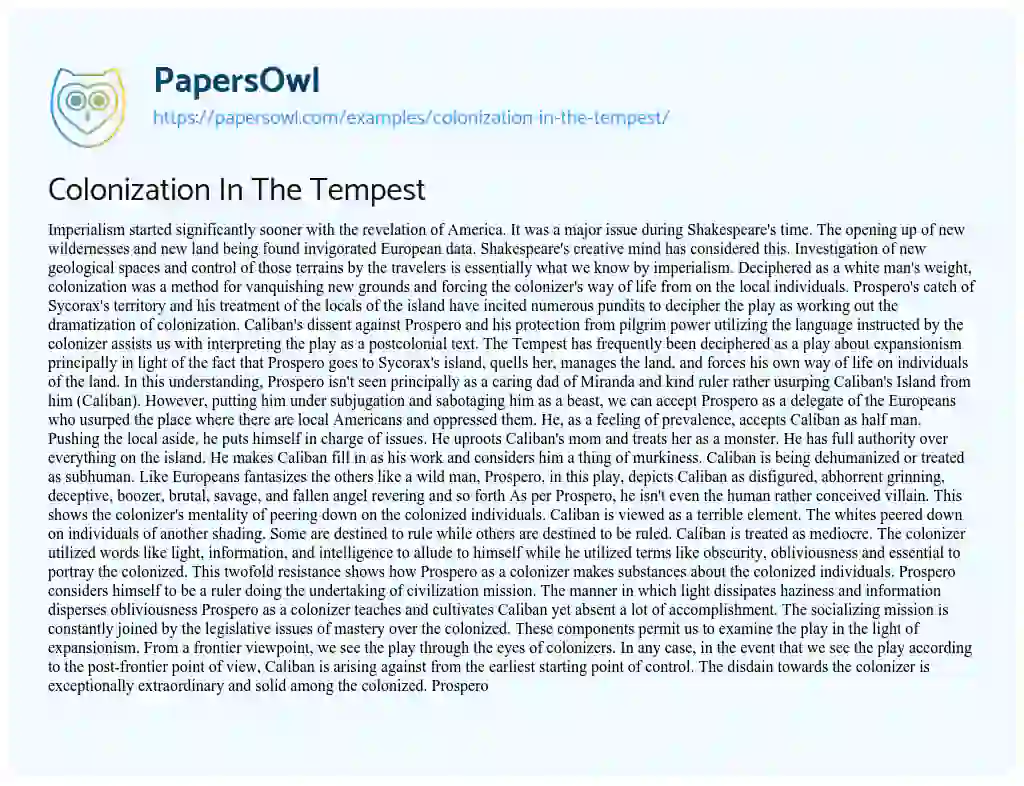 Essay on Colonization in the Tempest