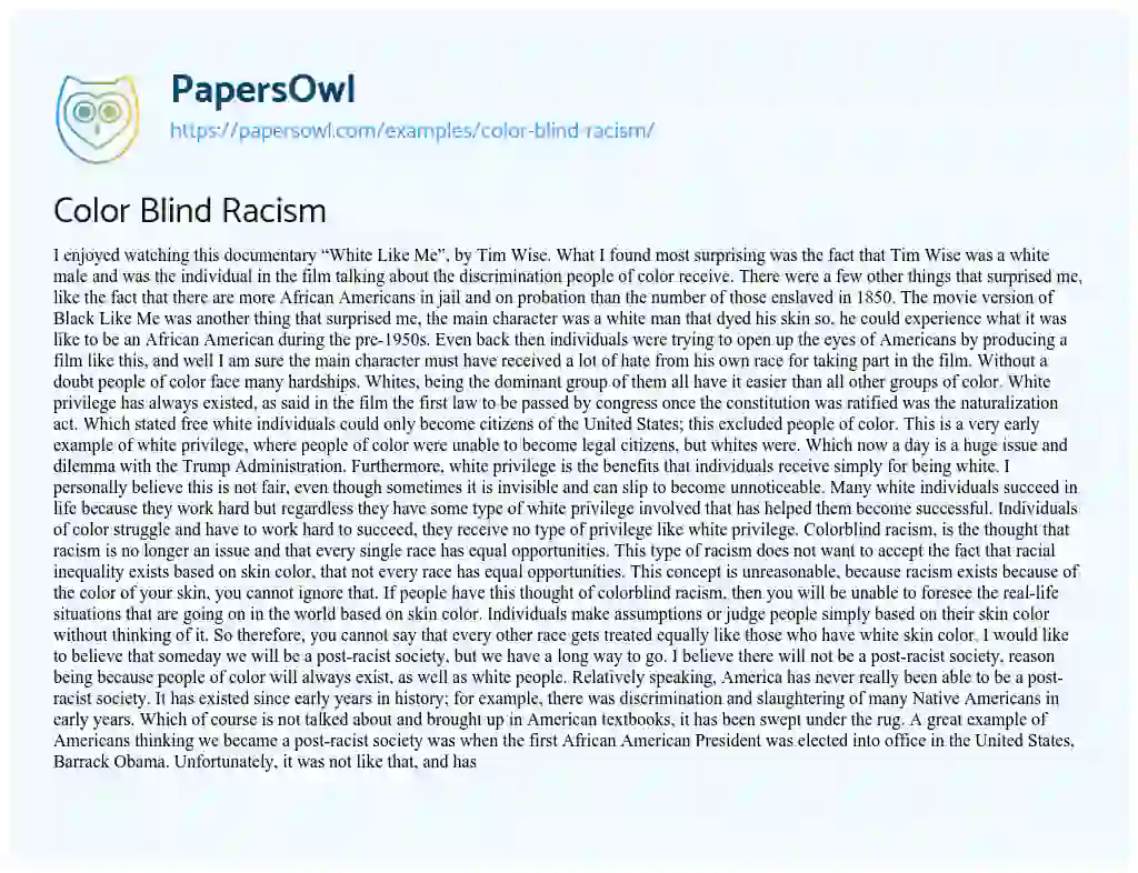 Essay on Color Blind Racism