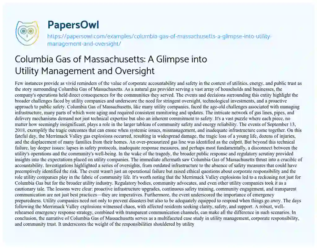 Essay on Columbia Gas of Massachusetts: a Glimpse into Utility Management and Oversight