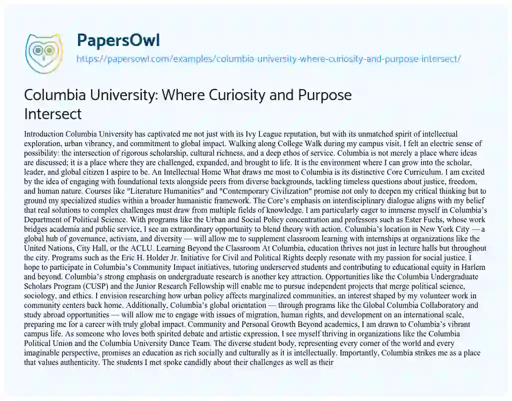 Essay on Columbia University: Where Curiosity and Purpose Intersect