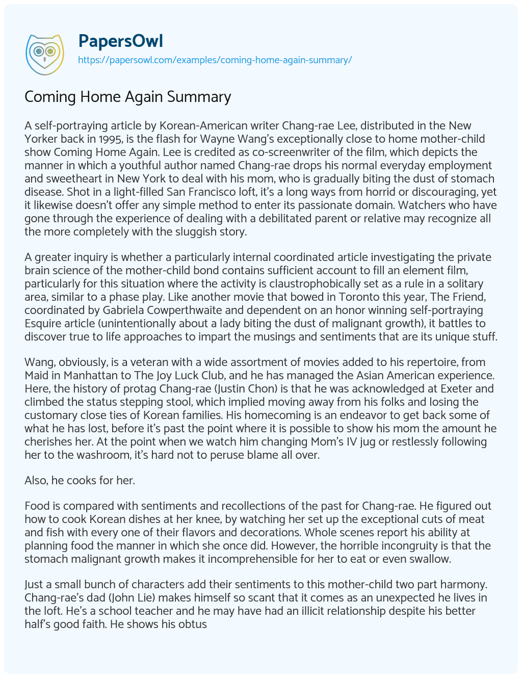 Essay on Coming Home again Summary