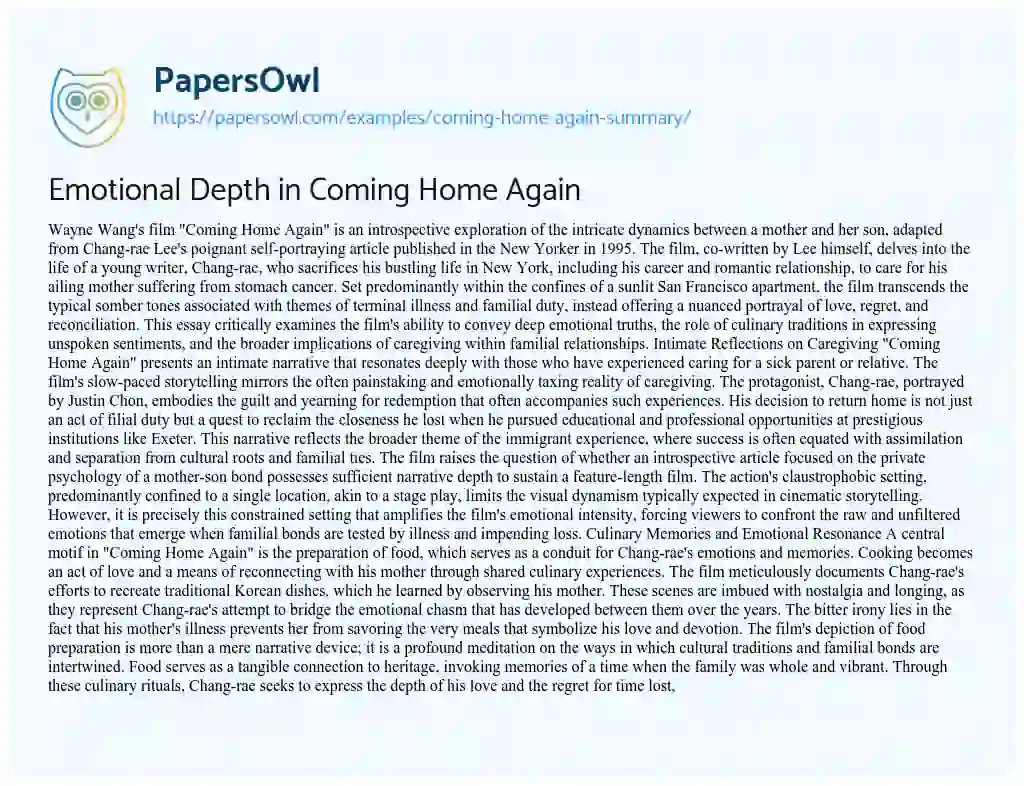 Essay on Coming Home again Summary