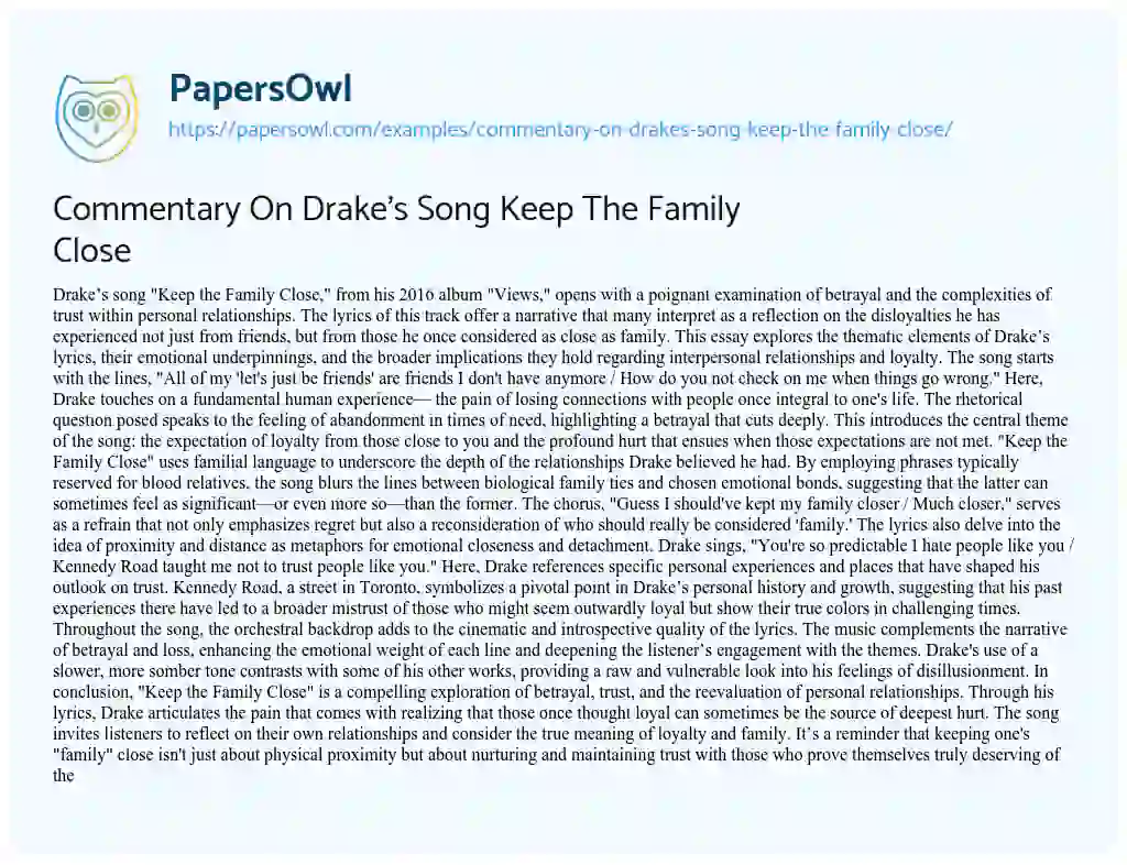 Essay on Commentary on Drake’s Song Keep the Family Close