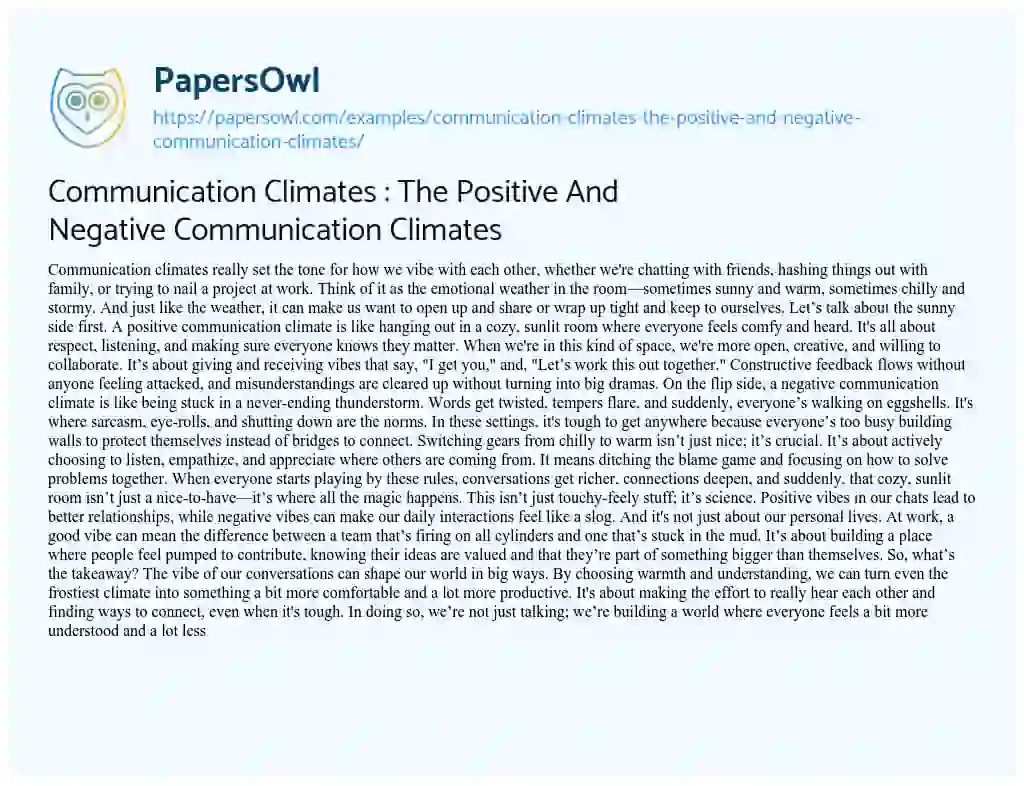 Essay on Communication Climates : the Positive and Negative Communication Climates