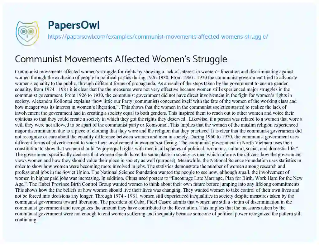 Essay on Communist Movements Affected Women’s Struggle