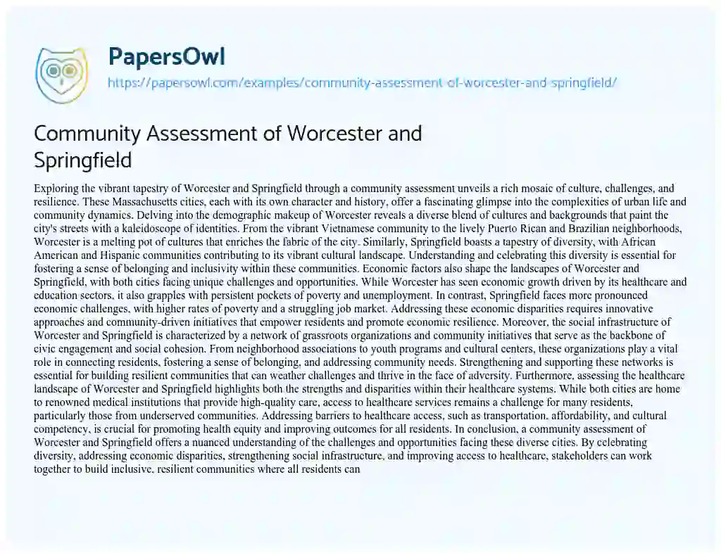 Essay on Community Assessment of Worcester and Springfield
