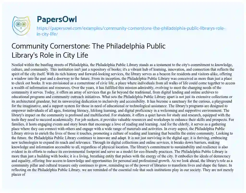 Essay on Community Cornerstone: the Philadelphia Public Library’s Role in City Life