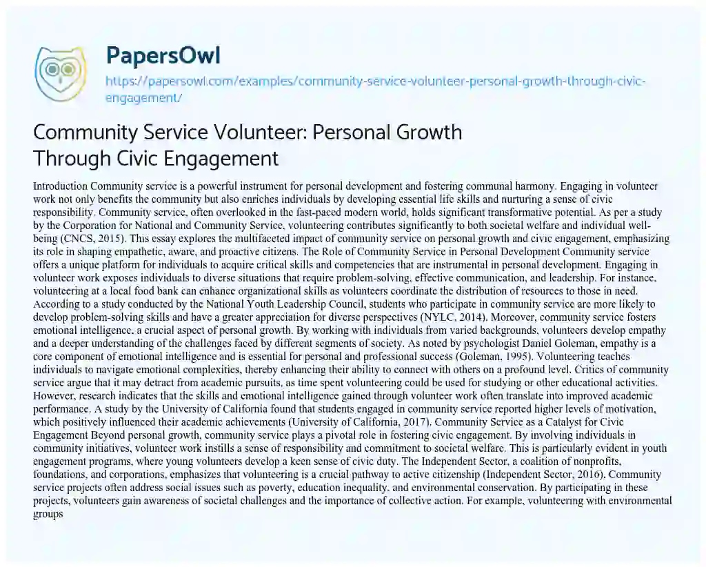 Essay on Community Service Volunteer: Personal Growth Through Civic Engagement