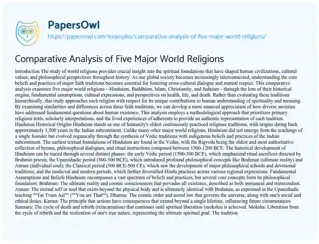 Essay on Comparative Analysis of Five Major World Religions