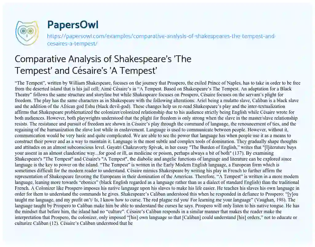 Essay on Comparative Analysis of Shakespeare’s ‘The Tempest’ and Césaire’s ‘A Tempest’