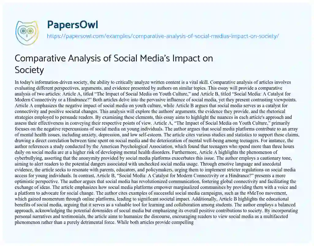 Essay on Comparative Analysis of Social Media’s Impact on Society