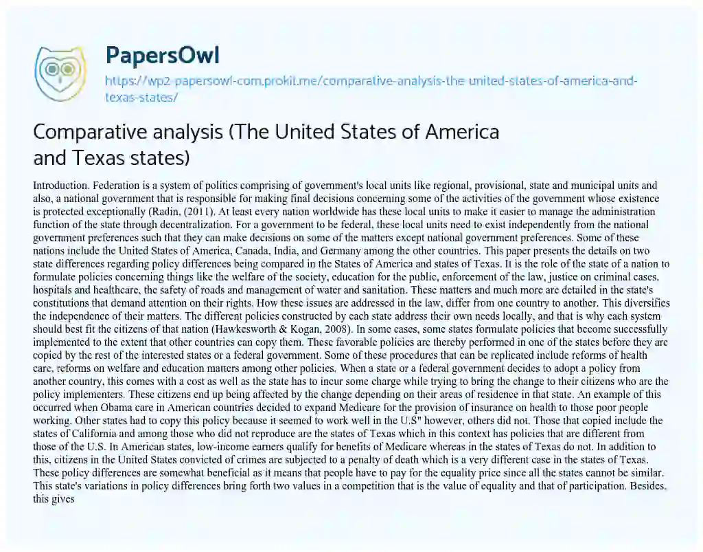 Essay on Comparative Analysis (The United States of America and Texas States)