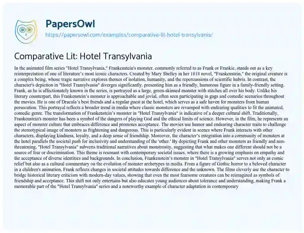 Essay on Comparative Lit: Hotel Transylvania