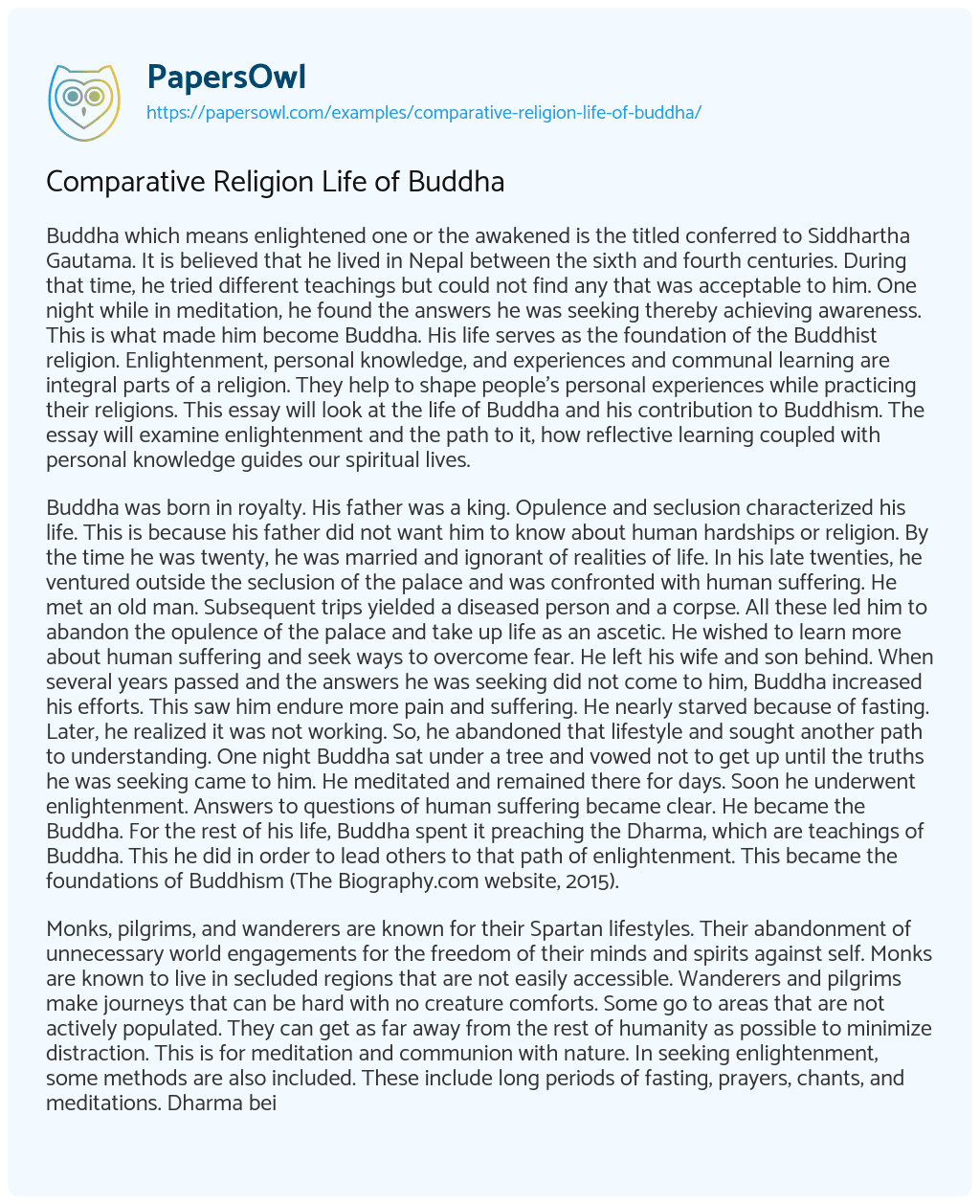 Essay on Comparative Religion Life of Buddha