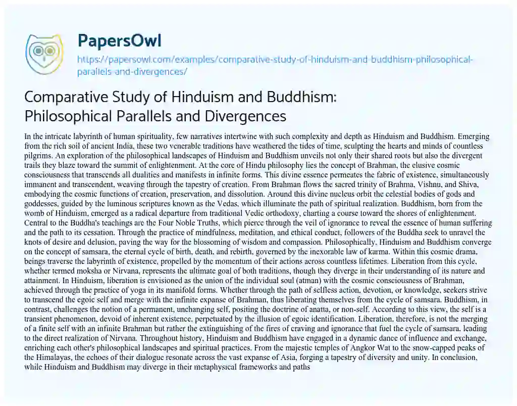 Essay on Comparative Study of Hinduism and Buddhism: Philosophical Parallels and Divergences