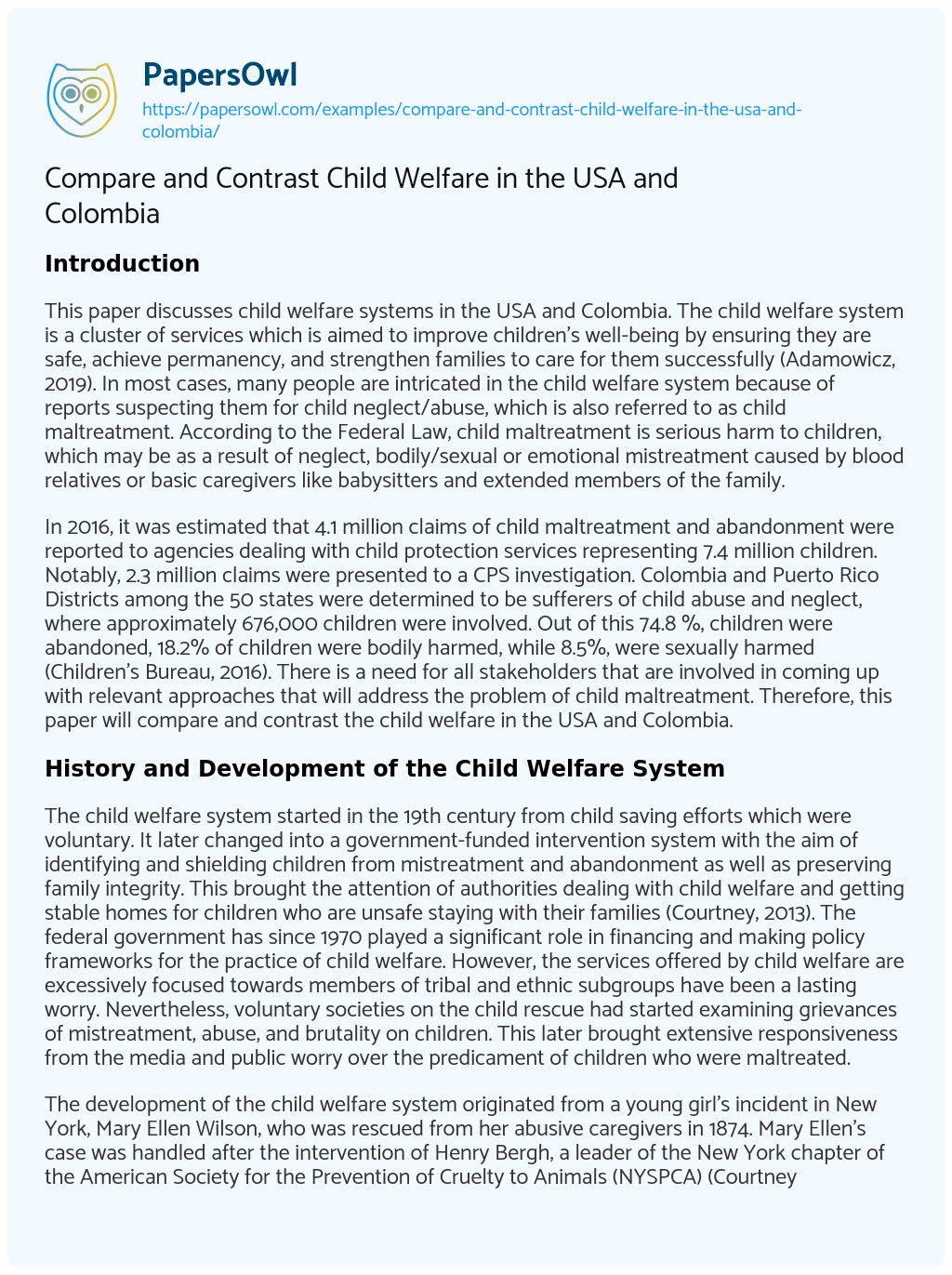 Essay on Compare and Contrast Child Welfare in the USA and Colombia