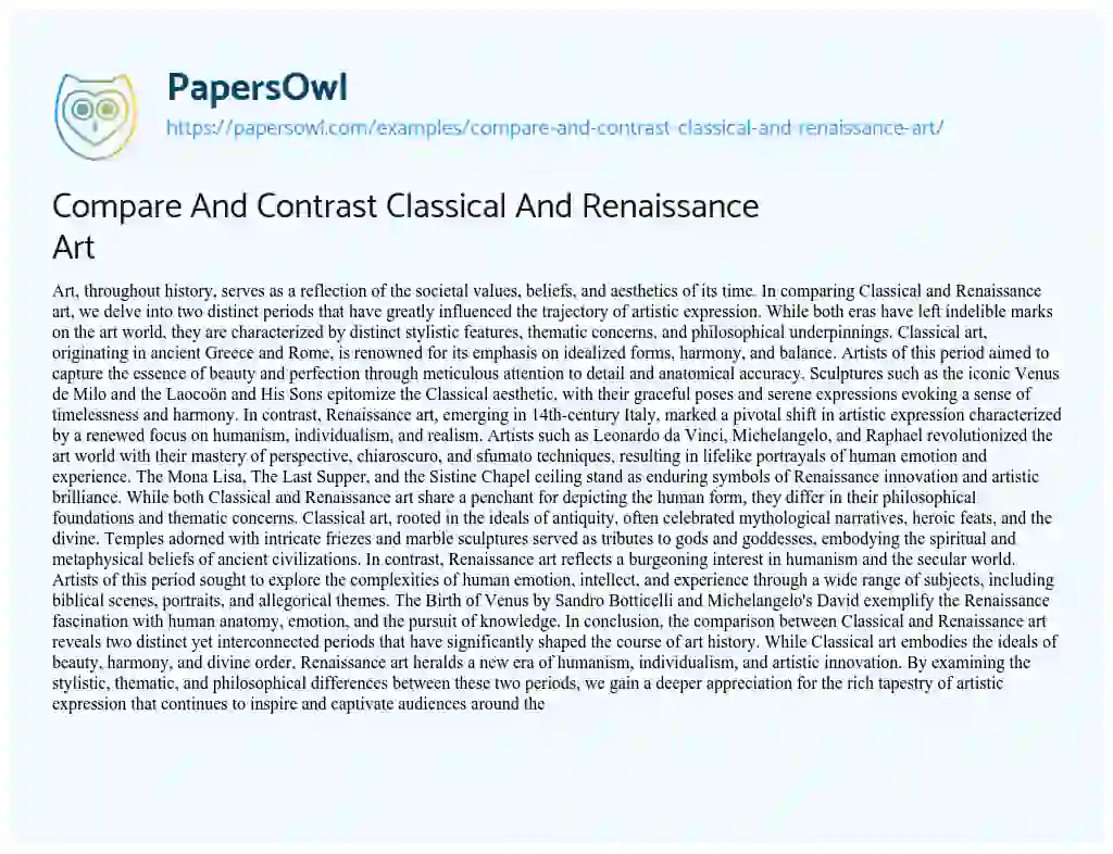 Essay on Compare and Contrast Classical and Renaissance Art