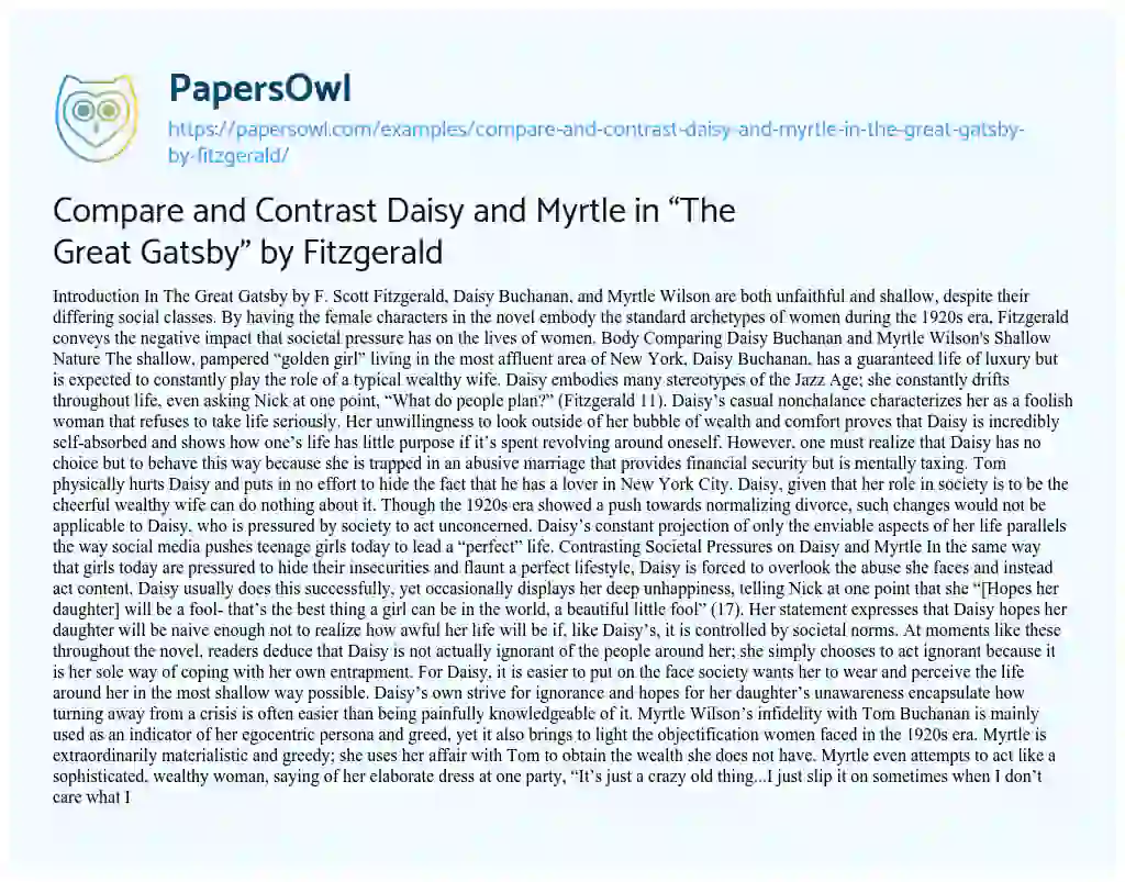 Essay on Compare and Contrast Daisy and Myrtle in “The Great Gatsby” by Fitzgerald