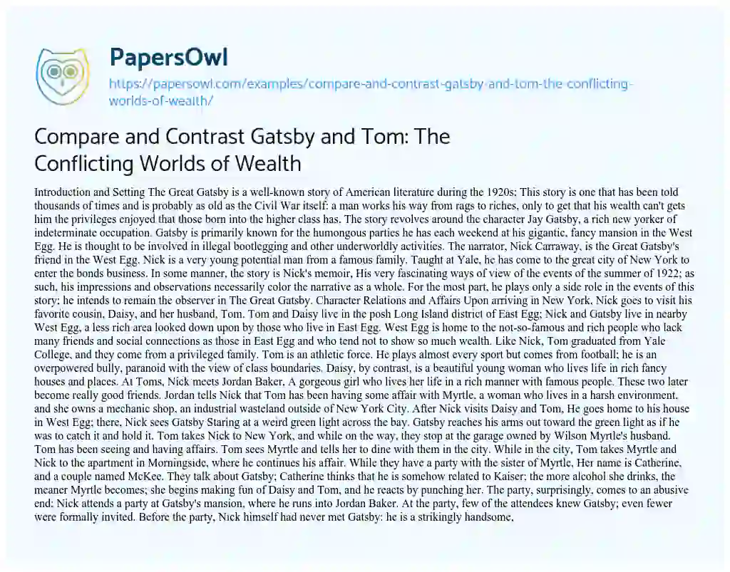 Essay on Compare and Contrast Gatsby and Tom: the Conflicting Worlds of Wealth