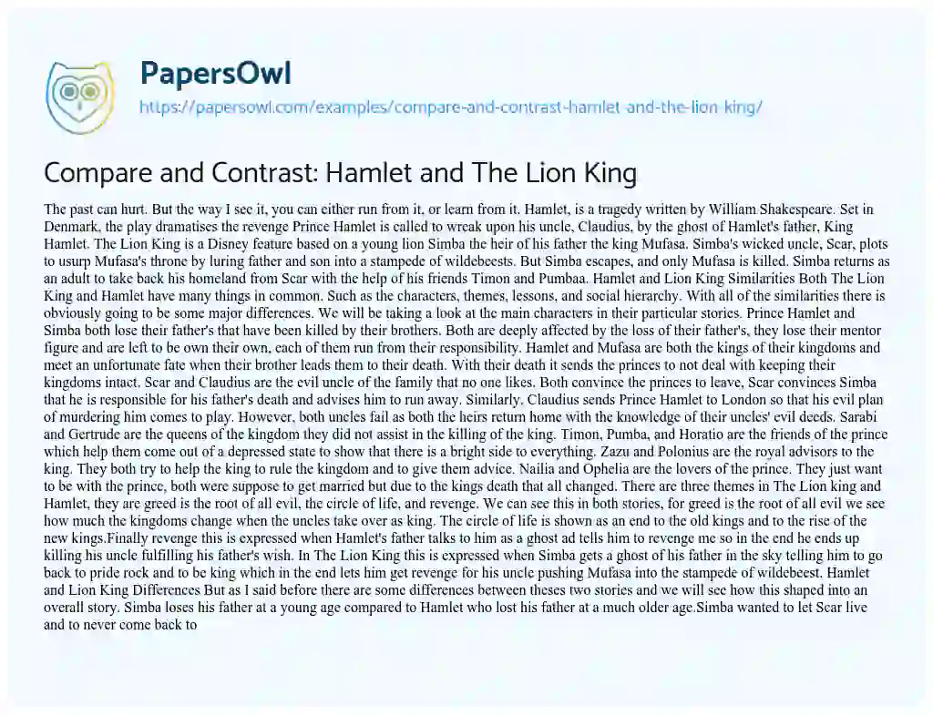 Essay on Compare and Contrast: Hamlet and the Lion King