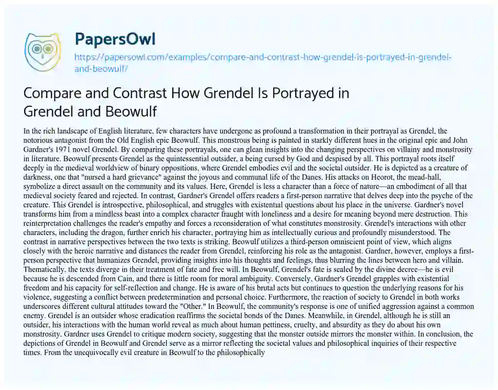 Essay on Compare and Contrast how Grendel is Portrayed in Grendel and Beowulf