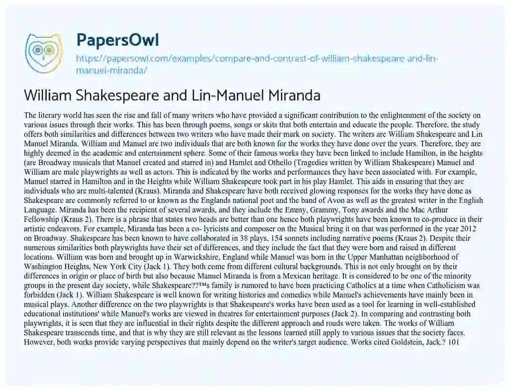 Essay on William Shakespeare and Lin-Manuel Miranda