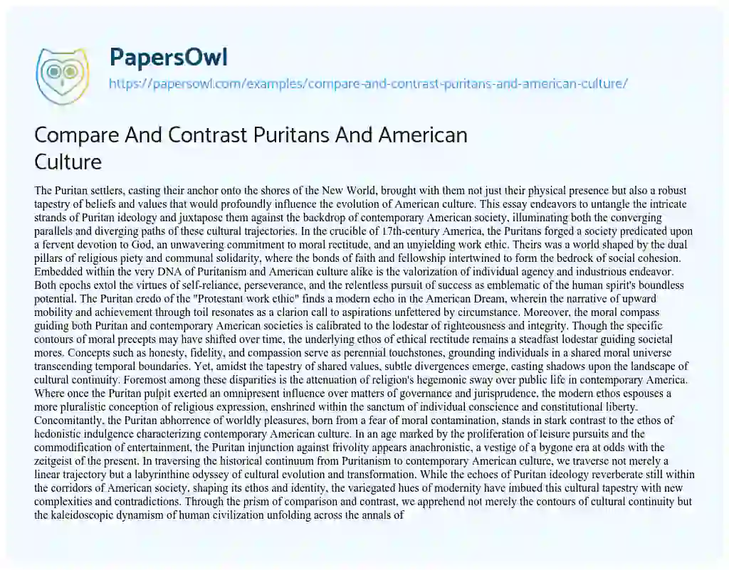 Essay on Compare and Contrast Puritans and American Culture