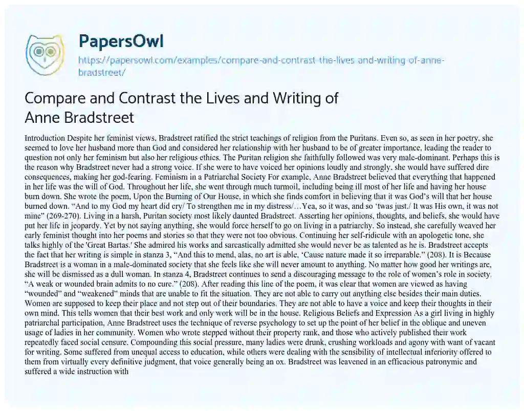 Essay on Compare and Contrast the Lives and Writing of Anne Bradstreet