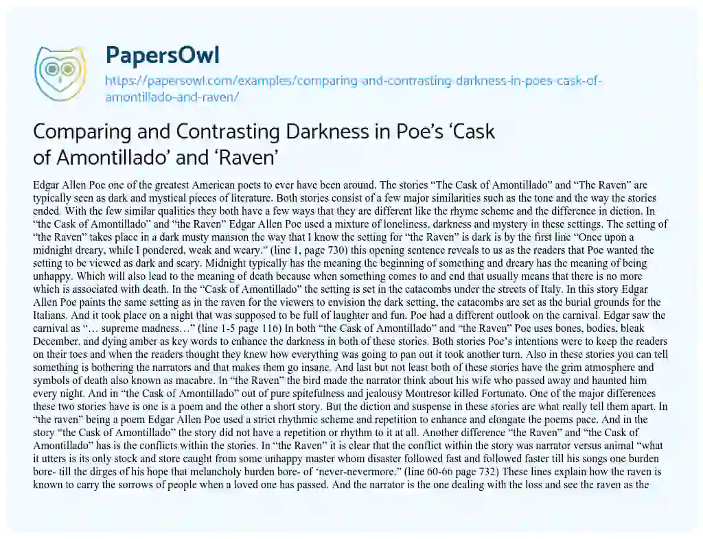 Essay on Comparing and Contrasting Darkness in Poe’s ‘Cask of Amontillado’ and ‘Raven’