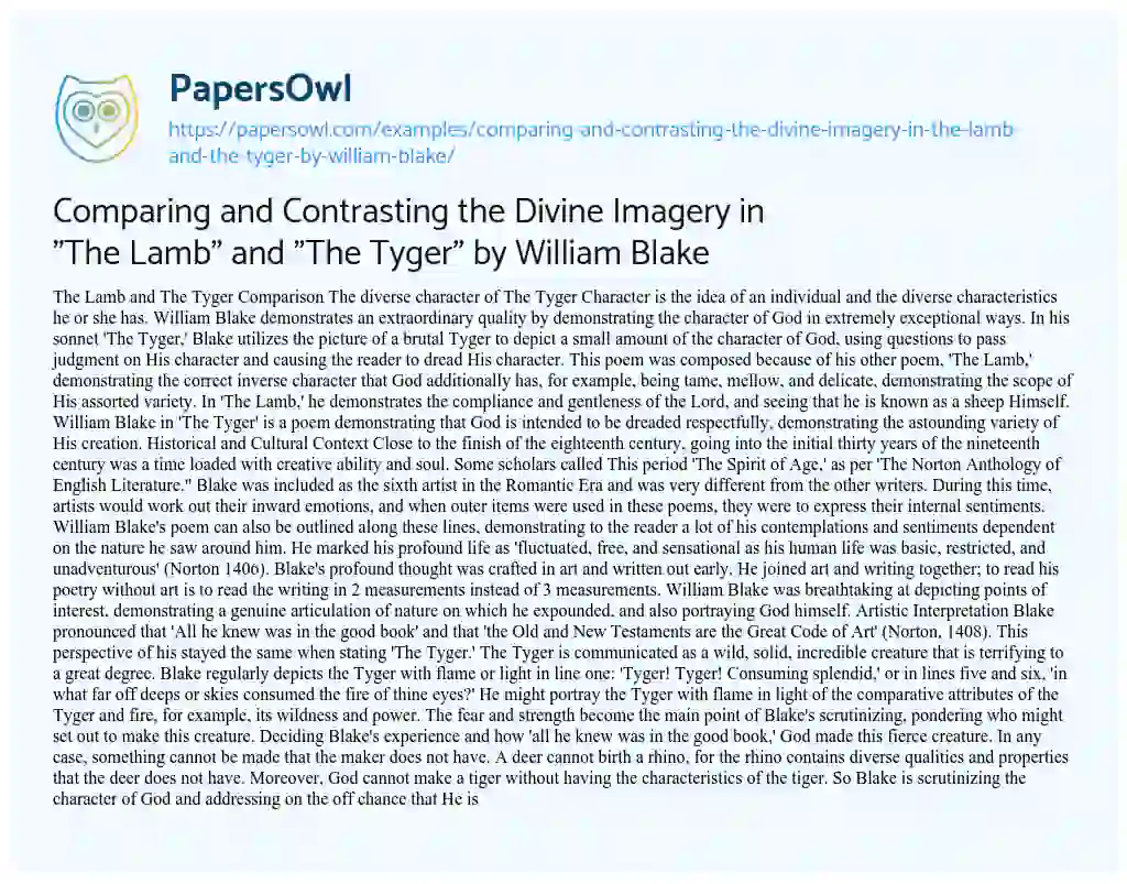 Essay on Comparing and Contrasting the Divine Imagery in “The Lamb” and “The Tyger” by William Blake
