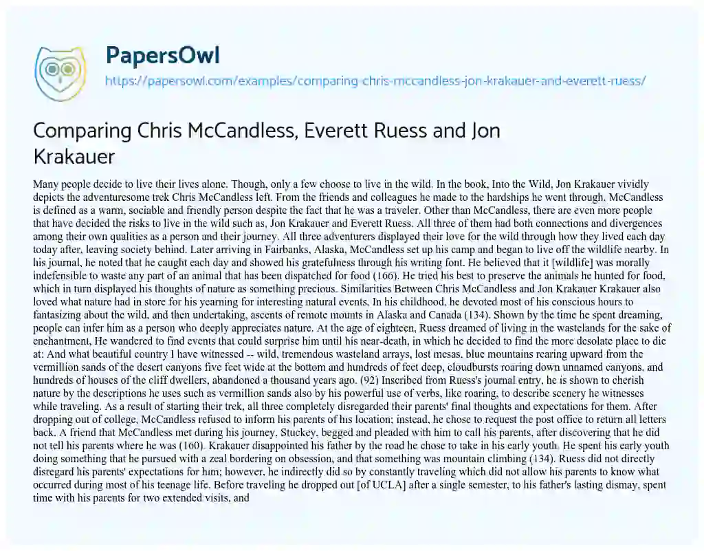 Essay on Comparing Chris McCandless, Everett Ruess and Jon Krakauer