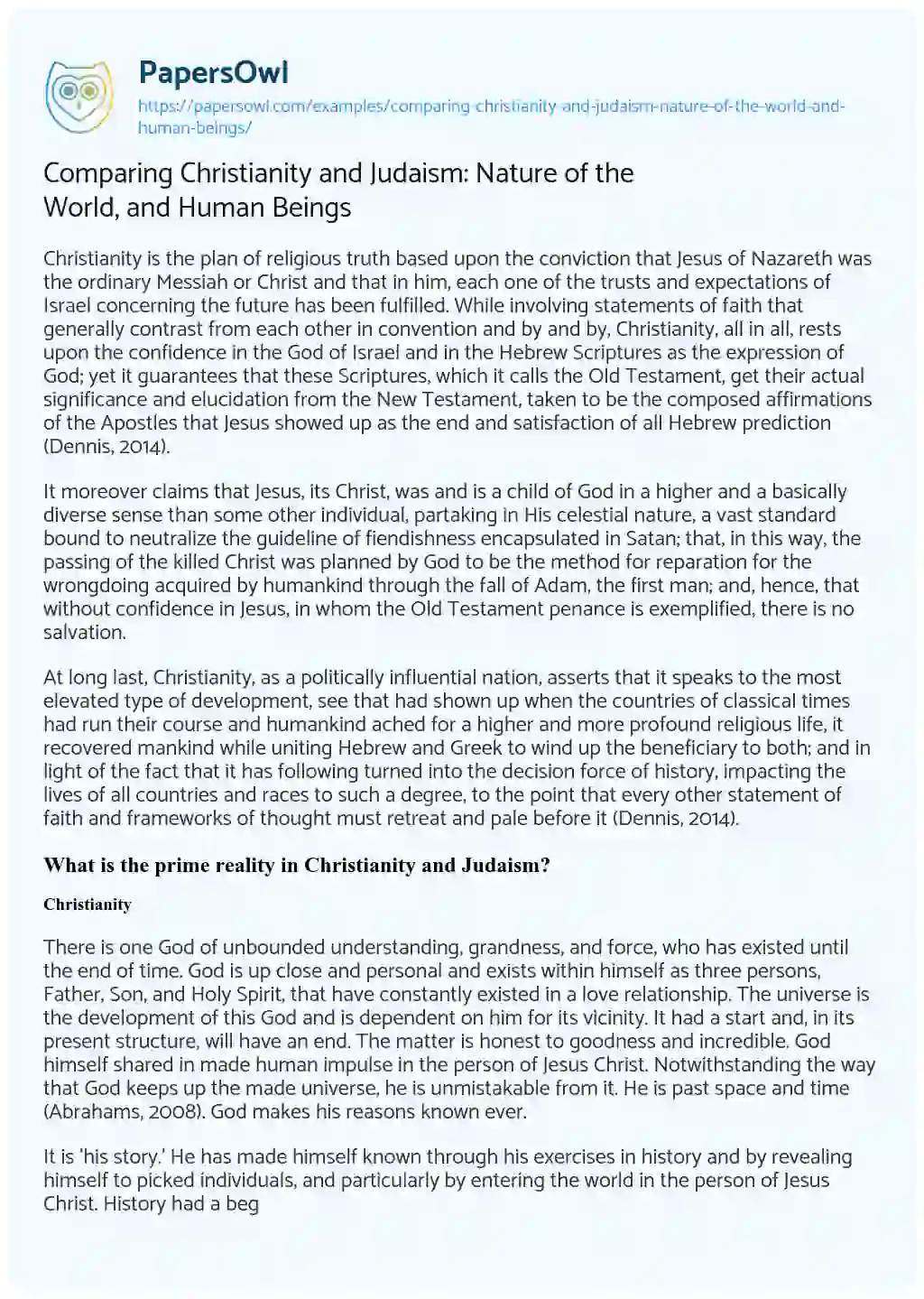 Essay on Comparing Christianity and Judaism: Nature of the World, and Human Beings