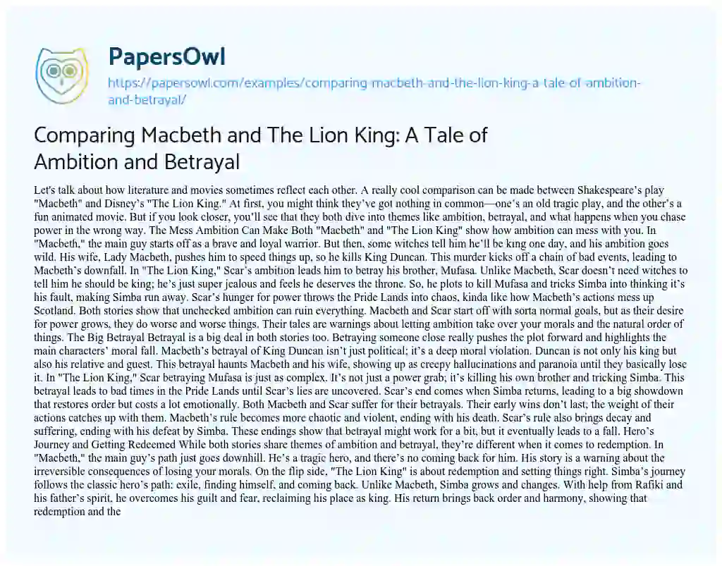 Essay on Comparing Macbeth and the Lion King: a Tale of Ambition and Betrayal