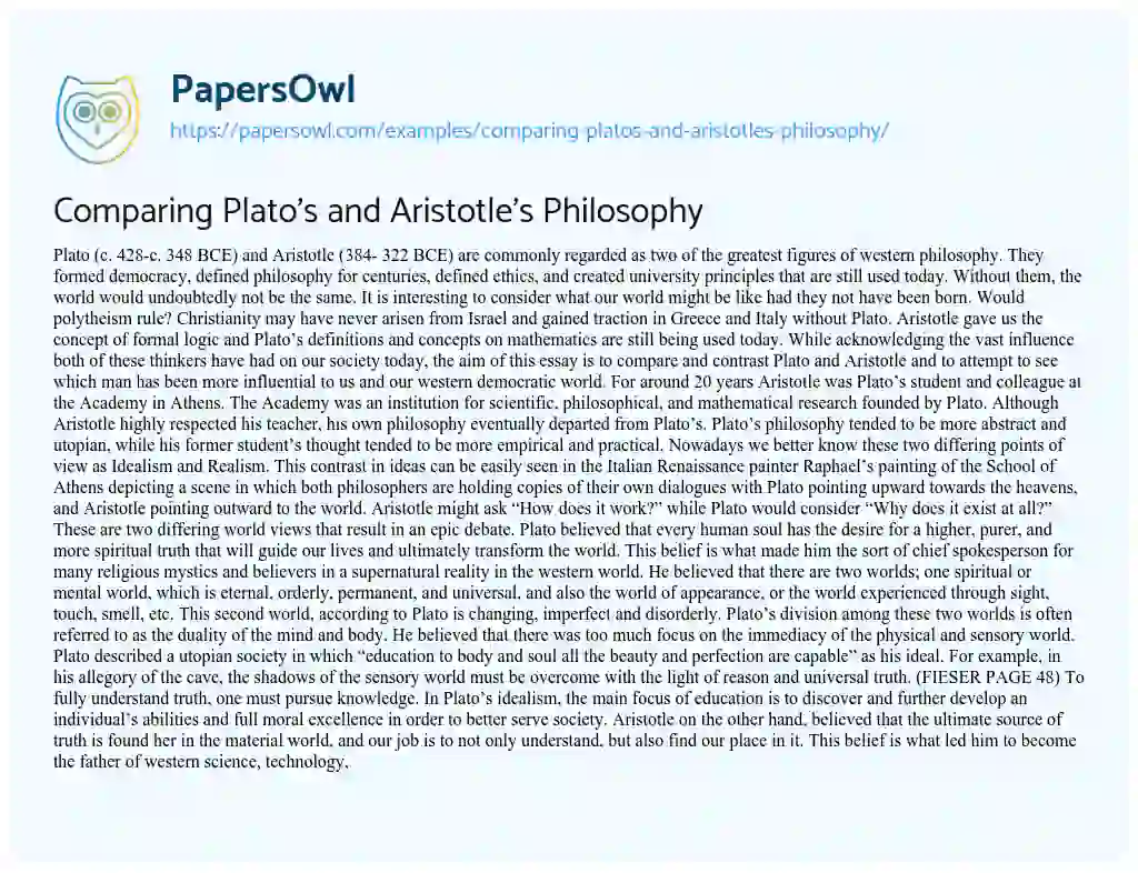 Essay on Comparing Plato’s and Aristotle’s Philosophy