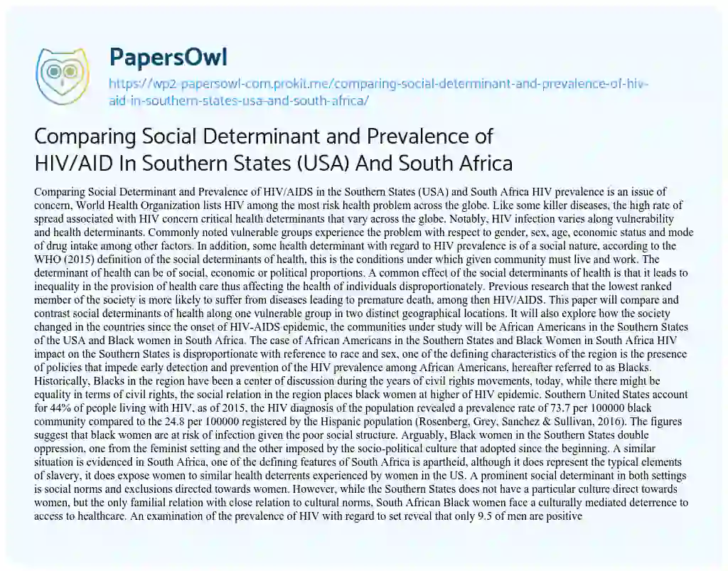 Essay on Comparing Social Determinant and Prevalence of HIV/AID in Southern States (USA) and South Africa
