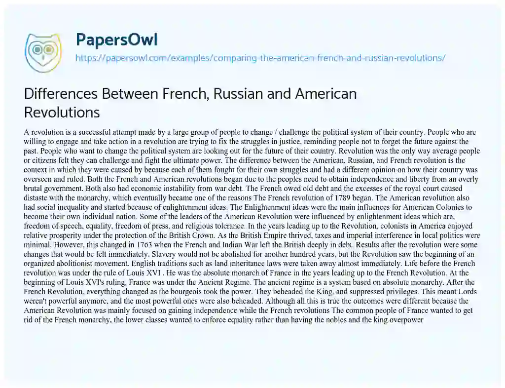 Differences between French, Russian and American Revolutions essay