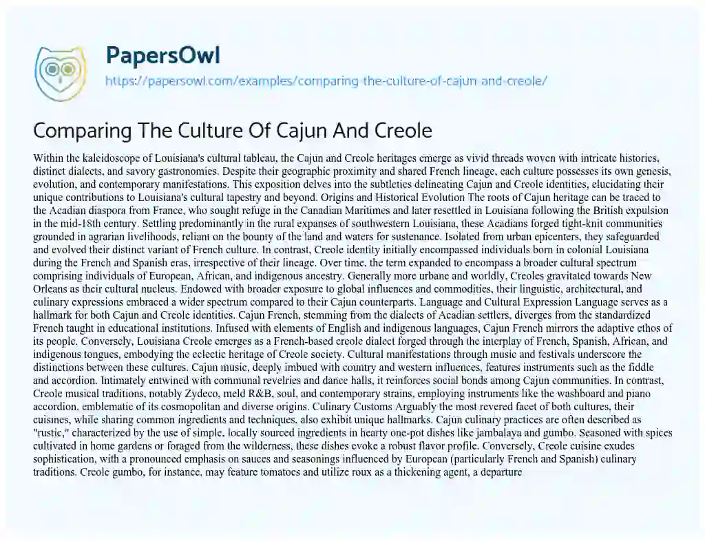 Essay on Comparing the Culture of Cajun and Creole
