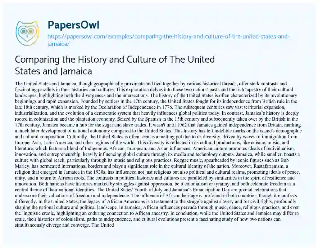 Essay on Comparing the History and Culture of the United States and Jamaica