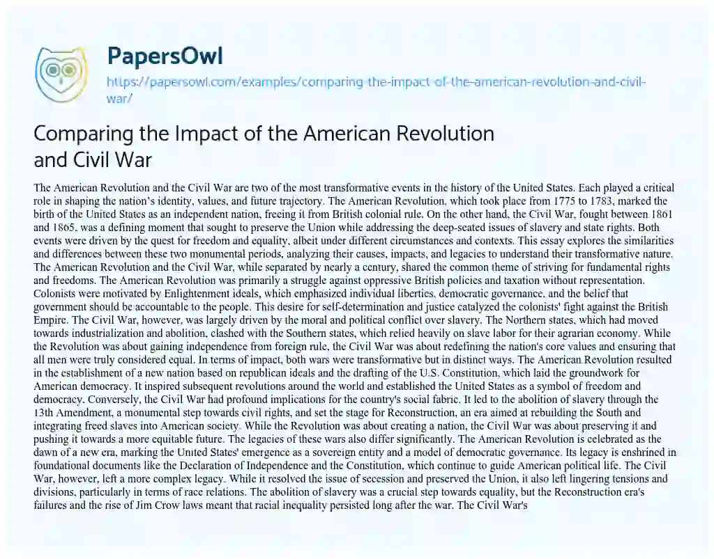 Essay on Comparing the Impact of the American Revolution and Civil War
